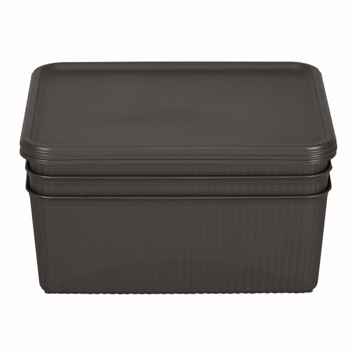 Image of Kolorr Ribbed Baskets Medium Pack of 3 With 3 Standard Lid (Non-Airtight Loose-Fit Cover) Multipurpose Plastic Storage Baskets For Cloths Wardrobe Home Kitchen & Livingroom I Dark Brown