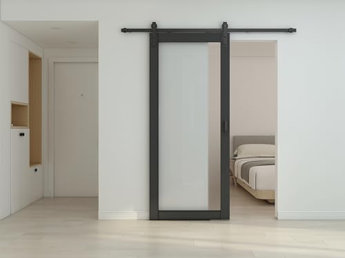 Image of 36 in. x 84 in. 1 Lites Pre Assembled Frosted Glass Black MDF Interior Sliding Barn Door with Hardware Kit Door Handle
