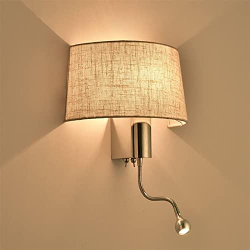 Aplique de pared moderno para leer en la cama con lámpara LED y pantalla de lino suave