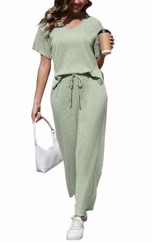 CheChury Conjunto Punto Mujer 2 Piezas Casual Manga Corto Conjunto Chándal Mujer Loungewear Conjunto de Pantalones y Suéteres para Mujer Cómodo Acanalado Corto Top Pantalone Deportivo con Bolsillos