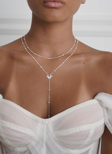 Image of CHESKY Long Necklaces for Women, 14k Gold Plated /Streling Silver Lariat Necklace Dainty Statement Prom Necklace Rosary Cross Sun Drop Pendant Dangle Necklace Gold Prom Jewelry for Women Gifts