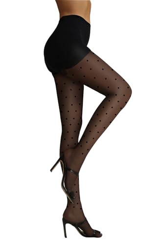 Women's Polka Dot Tights Sheer Fashion Patterned Print Tights High Waist Pantyhose(Large, Polka Dot, Black)