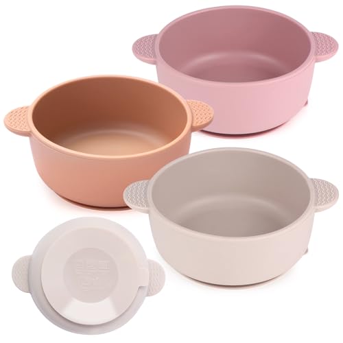 Image of Eascrozn 3 Pack Baby Bowls with Suction, Stay Put Silicone Suction Bowls for Babies Toddler Kids, BPA Free, Soft Safe Baby Led Weaning Supplies for Food Bowl, Microwave and Dishwasher Safe,Purple