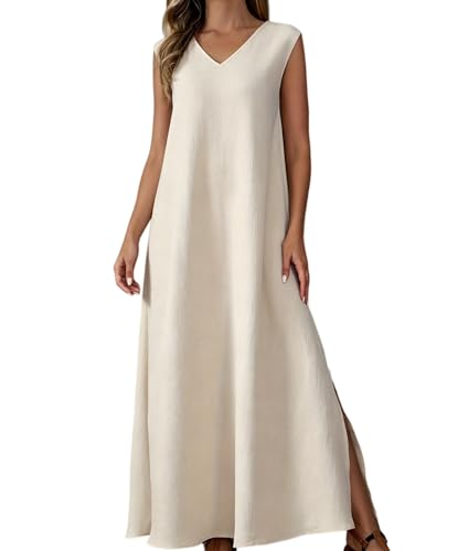 Robe longue femme fluide col en V sans manches pour look plage chic