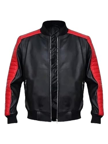 ELK ATTIRE Miaami Vice Stunt Team Leather Bomber Jacket, Black and Red, Quilted Design2
