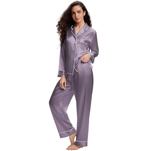LONXU Silk Satin Womens Pajama Sets Button Down Sleepwear Loungewear XS~3XL