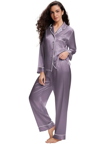 Lonxu Silk Satin Womens Pajama Sets Button Down Sleepwear Loungewear XS~3XL