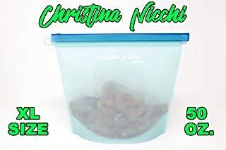 Christina Nicchi Premium (EXTRA LARGE) One 50 oz. Reusable Silicone Food Bag, Preservation Storage Container, Airtight Seal Cooking Bag, Food Grade Storage Bag.
