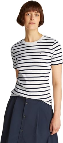 Tommy Hilfiger T-Shirt Manches Courtes Femme Slim Cody Col Ras-du-Cou, Multicolore (Breton Dark Night Navy STP), S