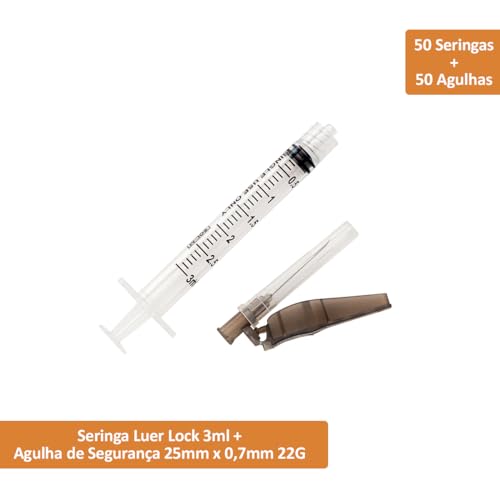 Seringa descartável luer lock 3ml com agulha de segurança 25mm x 0,7mm 22G com 50 unidades Sol-Care