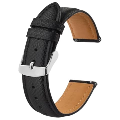 BISONSTRAP Texture Leather Watch Straps for Women and Men, Watch Replacement Bands with Quick Release, 20mm, Black, Silver Buckle Cover