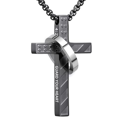 Laeclily Cross Necklace for Men Stainless Steel Ring Pendant Necklaces Black American Flag Cross Chain Bible Verse Christian Christmas Jewelry Gifts 18+6 Inches 4:23