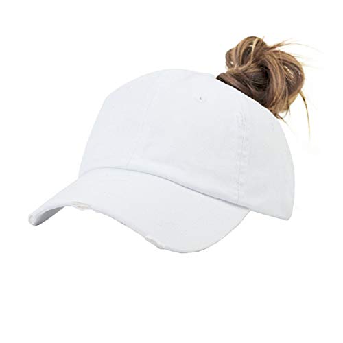 Eohak Ponytail Baseball Hat Distressed Retro Washed Cotton Twill (White 3)