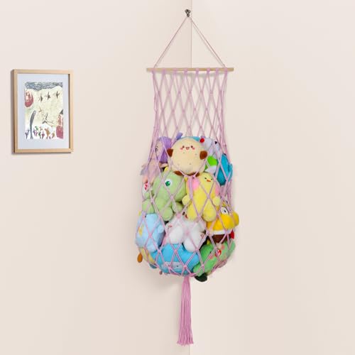 iHansee 68 Inch Stuffed Animal Storage, Jumbo Macrame Stuffed Animal Hammock Corner, Wall Ceiling Hanging Stuffy Toy Hammock Plushie Net Display for Kids Boys Girls Nursery Decor (Pink)