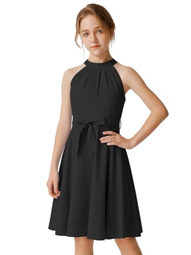 Quedoris Girls Halter Neck Pleated A-line Swing Flared Belted Casual Party Dress with Zipper
