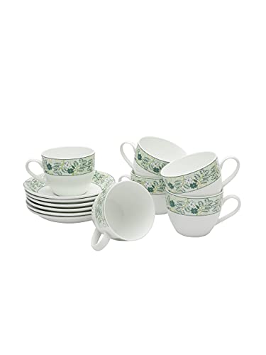 Image of Clay Craft Fine Ceramic Cup and Saucer Set of 12 (6 Cups + 6 Saucers)-220ml Each -Can be Gifted to Brother,Sister, Father,Mother, Couples on Any Festival /Occassion., Green, Medium (CC-CS12-CREAM-S343)