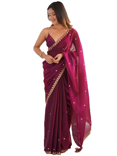 Image of AKHILAM Women's Shimmer Tissue Embroidered Saree With Unstitched Blouse Piece