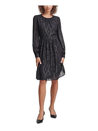 Calvin Klein Long Sleeve A-Line Dress with Ruched Neck Black