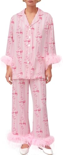 Women Feather Trim Holiday Pajamas Cute Bow Heart Satin Pjs Silk Long Sleeve Button Pajama Shirt Lounge Pants Sets