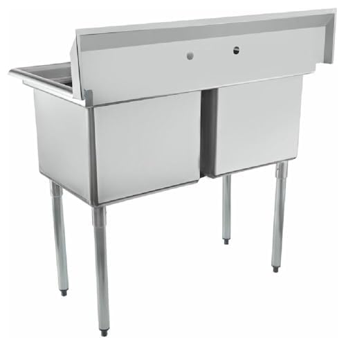 Image of Empura 43 inch Wide Stainless Steel Two Compartment Commercial Sink | Prep Utility 18 x 18 Bowl for Restaurant Laundry Garage | 3.5 inch Drain Basket, 9.75 inch Backsplash, 43 inchW x 23.5 inchD x 44.25 inchH, 18 Gauge, NSF