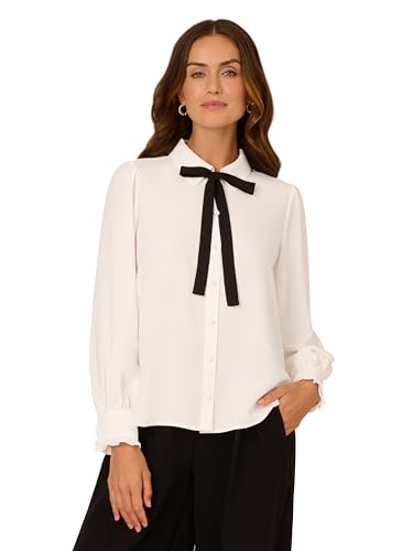 Image of Adrianna Papell Women's Long Sleeve Woven Button Front Top with Contrast Neck Tie