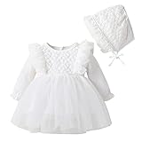 Toddler Baby Flower Girls Lace Dress First Birthday Wedding Baptism Christening Dresses Infant Princess Pageant Communion Gown with Hat Long Sleeve Fall Dress Outfits White Flower Lace 12-18 Months