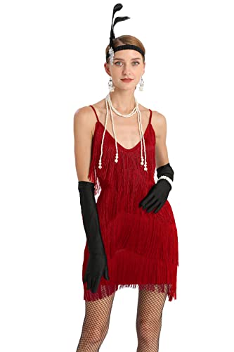 Image of Women 1920s Gatsby Flapper Dress Sexy Open Back Strap Fringed Cocktail Party Dress with 20s Accessories