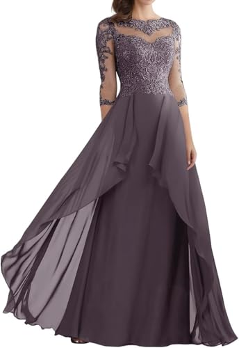 Mother of The Bride Dresses for Wedding Lace Appliques Chiffon Formal Evening Dress with Sleeve He60474