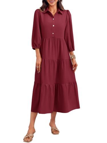 Image of Wenrine Womens Casual 3 /4 Sleeve Shirt Dress Button Down V Neck Tiered Collared Flowy Maxi Dress