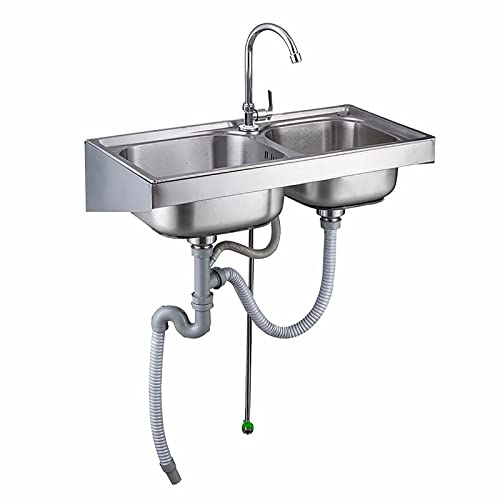 Évier de cuisine avec support en inox double cuve et robinets eau chaude froide