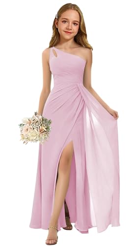Oittuye One Shoulder Chiffon Girls Formal Dress Ruched Junior Bridesmaid Gown Flower Girl Slit Maxi Dress with Slit, Pink, Size 14