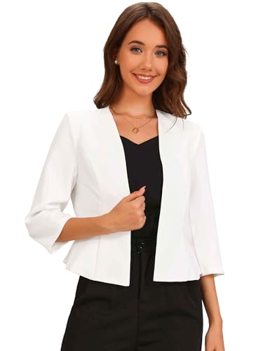 Allegra K Blazer Court Élégant Femme Costume d'affaire Basque à Manches 3/4 Ouvert sur Le Devant Veste Cintrée de Bureau Blanc S