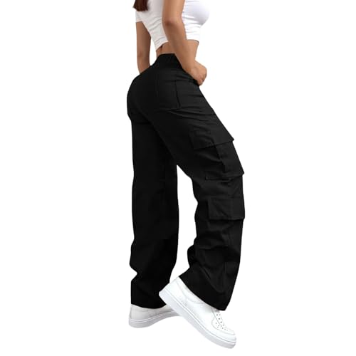 Women High Waisted Wide Leg Cargo Pants with Pockets Casual Trousers Y2K Streetwear Baggy Stretchy Ankle Pants3
