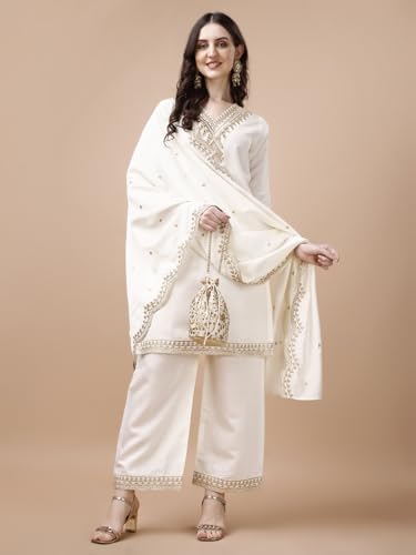 Image of Pratham Blue Kurta Set for Women Silk Embroidered Straight Kurta Set for Women with Palazzos and Dupatta