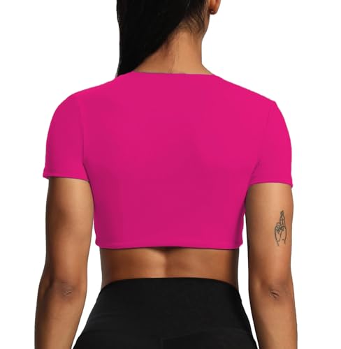 Image of Aoxjox Short Sleeve Crop Tops for Women Sienna Twist Deep V Workout Cropped T Shirt Top (Rose Red, Small)