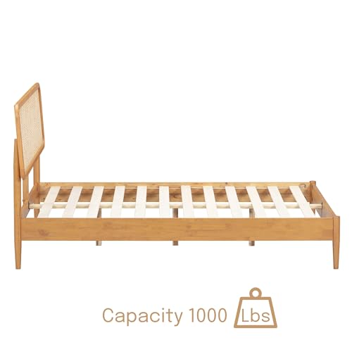 Image of NTC Lupin Wooden Bed Frame with Headboard and Natural Rattan, Solid Oak /Rubber Wood Foundation with Silent Slats, 1000 Lb Capacity, Effortless Assembly (Natural Cane - Rustic Oak, King)