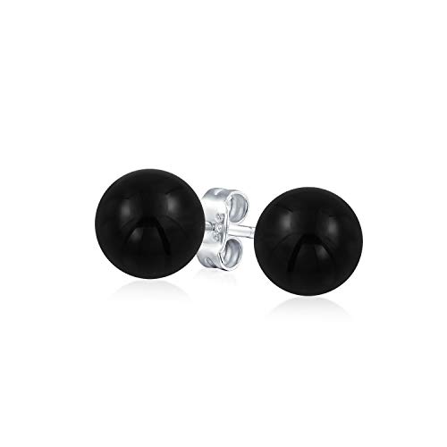 Simple Gemstone Black Onyx Round Ball Stud Earrings For Women 925 Sterling Silver 8MM