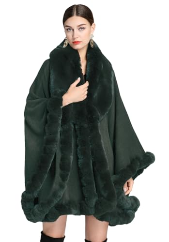 Image of Women Poncho Cape Faux Fur Collar Knitted Cardigan Sweater Batwing Long Sleeve Shawl Wrap Coat Oversized Cloak