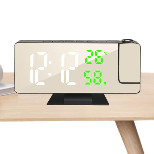 Despertador con proyección – Reloj LED de espejo digital con proyector giratorio de 180 °, luminosidad ajustable, pantalla de temperatura y humedad, cargador USB, repetición, gran pantalla para cámara