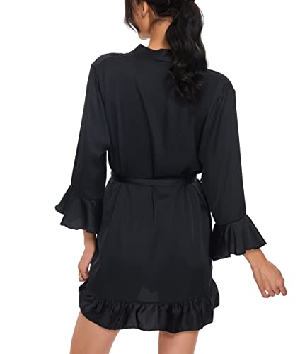 Toikeeoi Women's Kimono Robe Short Satin Pure Short Silky Robes Sexy V Neck Sleepwear (Black, One Size) #TOP2