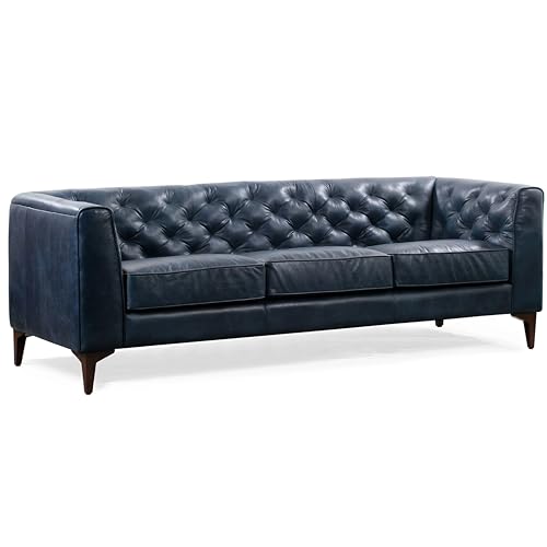 Poly & Bark Essex Leather Couch – 89-Inch Sofa with Tufted Back – Full-Grain Leather Sofa for Living Room with Feather-Down Topper – Living Room Couch – Vintage Italian Leather in Midnight Blue