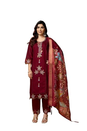 Image of Multi Embroid Kurta Set with Dupatta | Roman Silk Embroidered Kurta Set for Women | Women's Ethnic Casual Kurti Set |Kurta Pant Festive Suit