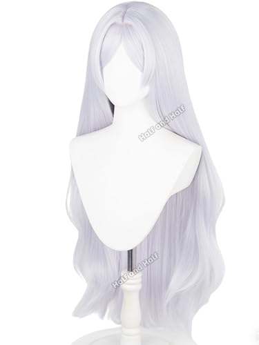 Image of Frieren Cosplay Costume Wig 37.4'' Long Curly Silver White Anime Wigs | Light Gray Wave Wig with Bangs Synthetic Hair for Women Halloween Party Daily