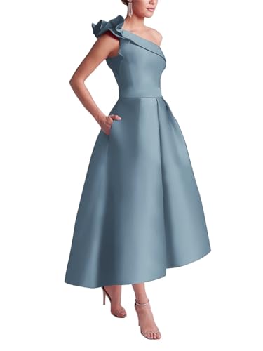 One Shoulder Satin Mother of The Bride Dresses Ruffle High-Low Wedding Guest Dress4