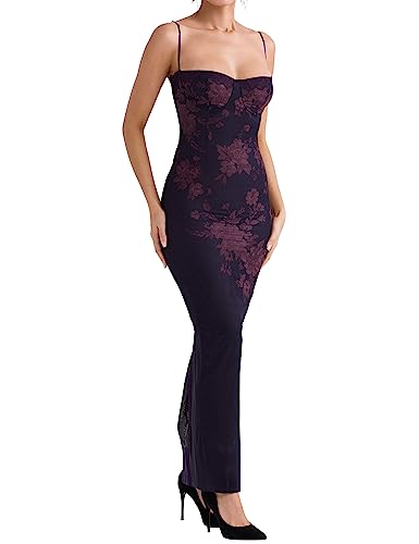 Image of Womens Sexy V Neck Satin Maxi Dresses Spaghetti Strap Floral Print Dresses Slim Fit Elegant Long Dresses Night Party Outfits