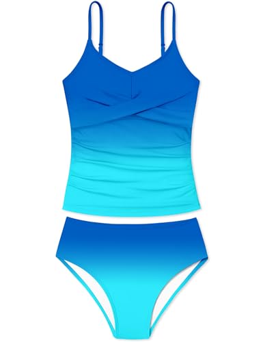 Image of Girls Swimsuit 2 Piece Bathing Suit Criss Cross Ruched Girl Tankini Sets Printed Girls' Swimwear for 9-18 Years
