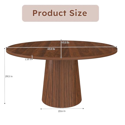 Image of Modern Round Dining Table, 47 inch Walnut Round Kitchen Table with Wood Grain Tabletop & Fluted Strip Base, Space Saving Circle Dining Table Seats 4-6, Ideal for Dining Room, Living Room, Small Space