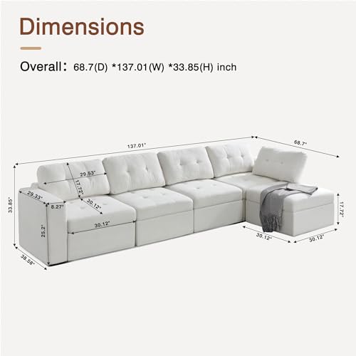 Image of QHITTY L Shaped Sectional Modular Sofa, 5 Seater Accent Couch with Hidden Extra Large Storage Space for Living Room, Beige White
