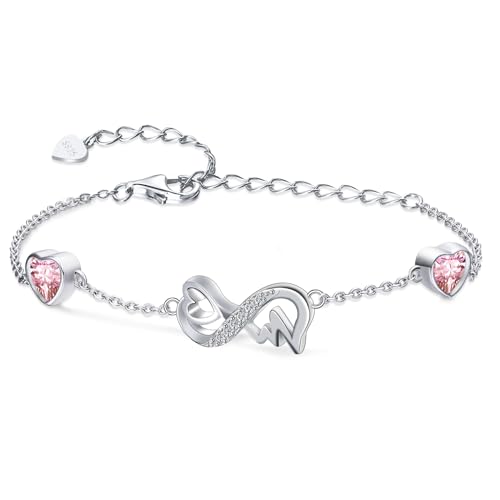 Infinity Heart October Birthstone Bracelet 925 Sterling Silver Adjustable ECG Heartbeat 2 Tourmaline Birthstones Bracelets with Pink Gemstone CZ Chain Bracelet, Birthday Jewelry Gifts for Women Girls