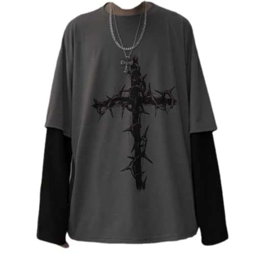 Goth Shirt Gothic Shirt Fake Two-Piece Alternative Clothing Goth Long Sleeve Top Grunge Clothes (Gray M Medium)